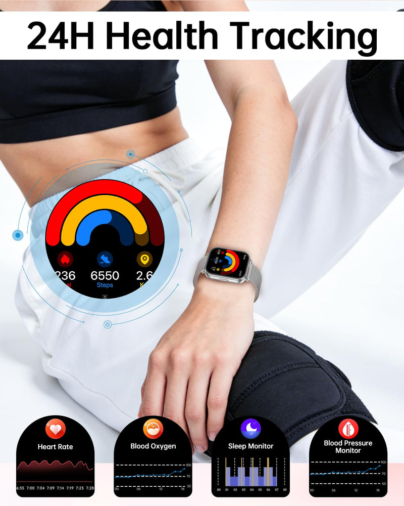 Smart Watch for Women with Bluetooth Call, 1.85" Fitness Tracker, Silver | 1000mAh Long Battery Life, Heart Rate SpO2 Sleep Monitor, Health Cycle Tracker, 120+ Sports, 4 Bands, Android iOS Compatible