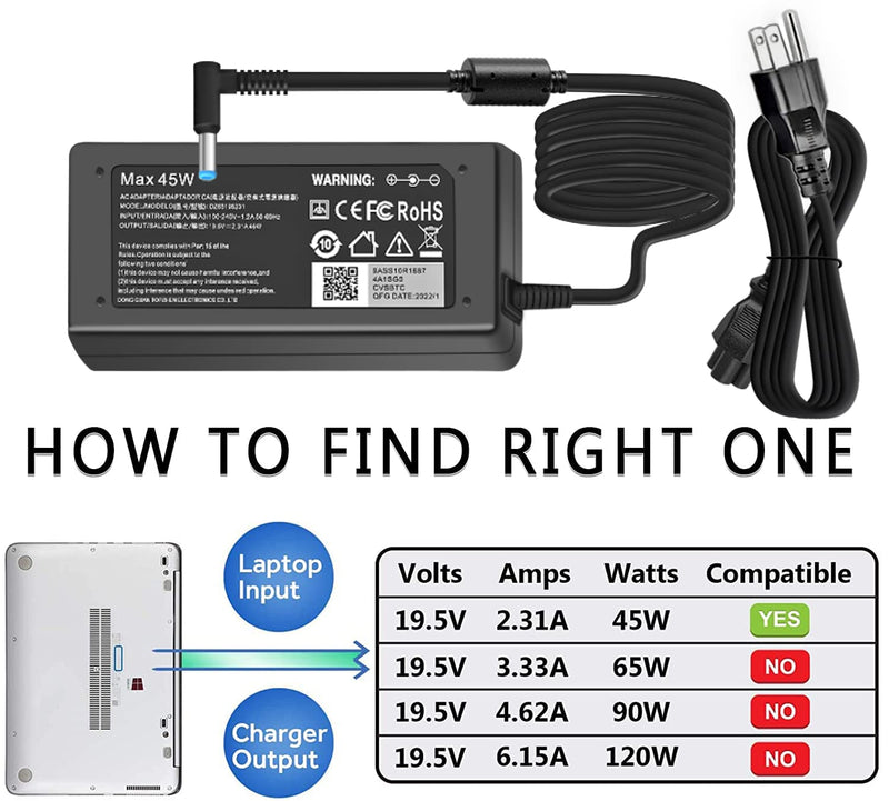 45W 19.5V 2.31A for HP Laptop Charger Blue Tip, HP Pavilion x360 11 13 15, Zbook 14u G4 G5 15u 15 G3, 15-f111dx 15-f211wm 15-f233wm 15-f278nr 15-r052nr 15-r132wm with Power Cord 45W hp laptop charger