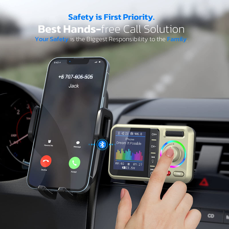 Nulaxy Bluetooth FM Transmitter for Car, Wireless Car Bluetooth Adapter with Big Color Screen, Support QC3.0 Fast Charging, Hands-Free Call, MP3 Music Player BASS&TRE Booster, TF Card/AUX-KM28 Yellow