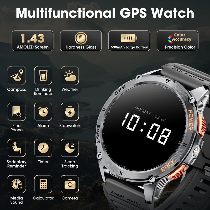 Military Smart Watches for Men with GPS, 1.43" AMOLED Bluetooth Call Smartwatch with LED Flashlight, Smart Watch for Android iOS, IP68 Waterproof Fitness Tracker with Heart Rate (Black) Black
