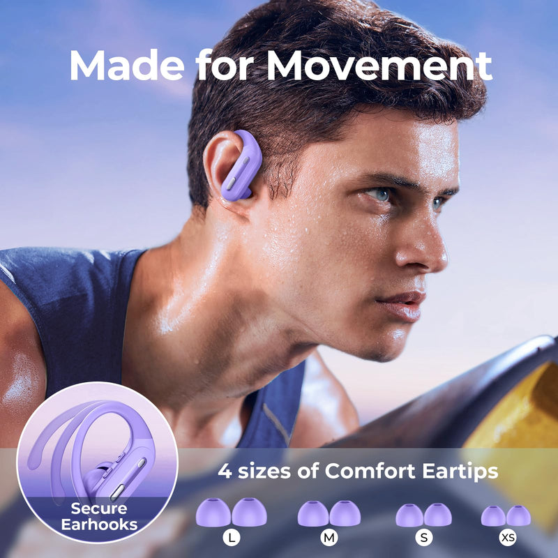 GNMN Active Noise Cancelling Ear Buds Wireless Earbuds 90Hrs Playtime Hi-Res Stereo Deep Bass Power Display Earphones with Earhooks Waterproof Transparency Headset for Sports/Gym Light Purple
