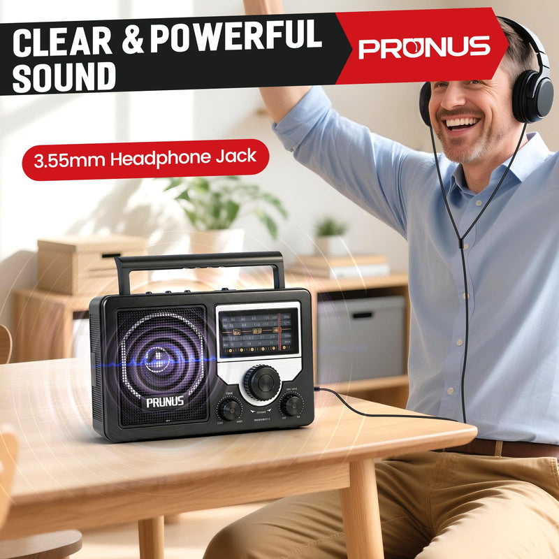 [AUSTRALIA] - PRUNUS J-81 AM FM Radio Portable Bluetooth, Solar/D Battery Operated/USB-C Rechargeable for Emergency, Transistor Radios with Headphone Jack,Support TF Card/USB Playing, Large Knob Easy to Use 