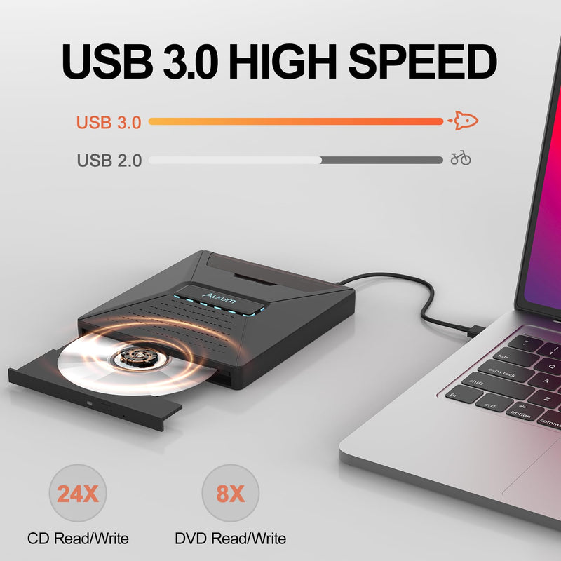 Alxum External CD DVD Drive, Optical Disc Reader Burner with SATA Interface | Portable External CD DVD Drive for Laptop, 7 in 1 Optical Drive CD ROM DVD Player Compatible with Windows/Mac OS/Linux/Vista Black Sata