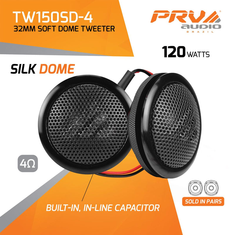 PRV AUDIO Soft Dome Tweeters 240 Watts 4 Ohm TW150SD-4 with Built-in Crossover, 32 mm Silk Dome, Neodymium Magnet for Car Audio and Motorcycle Systems Easy Flush Mount (Pair) 240w 32mm Soft Dome