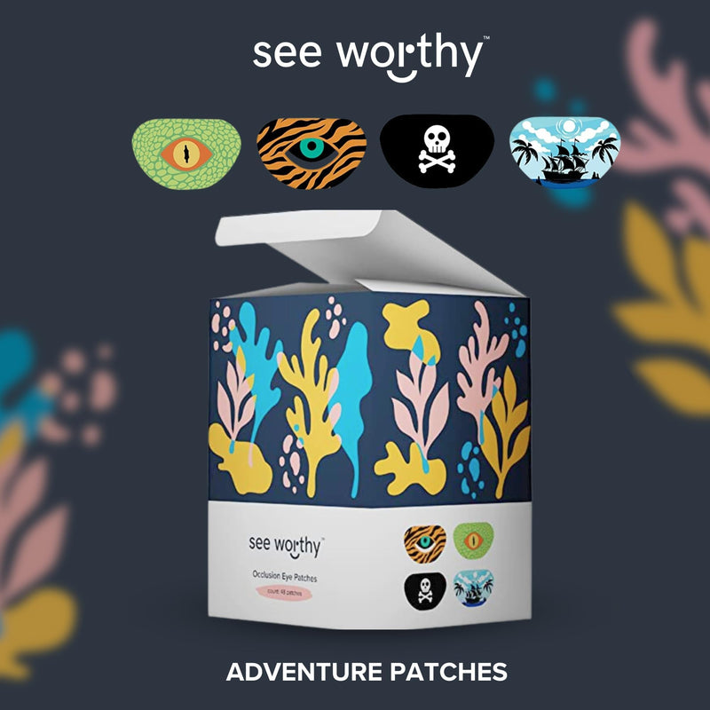 See Worthy Adventure Eye Patches - Innovative, Smart Adhesive Technology - Breathable & Comfortable Eyepatch for Lazy Eye - Soft Patches, Concave Shape & Fun Designs (48 per Box) Packaging May Vary