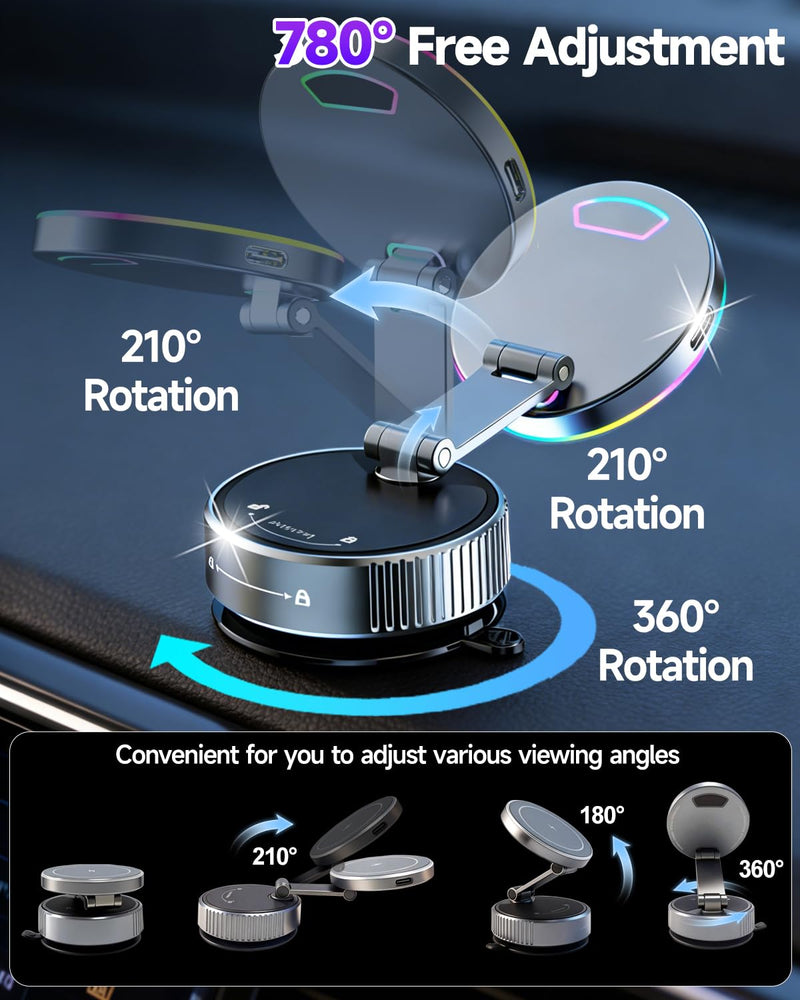 for Magsafe Car Mount Charger 15W Fast Charging Wireless Car Charger Holder | [120LBS Suction &3800gf Magnet] 780° Adjustable, Vacuum Magnetic Phone Holder for Your Car for iPhone & Android, Metal Stand