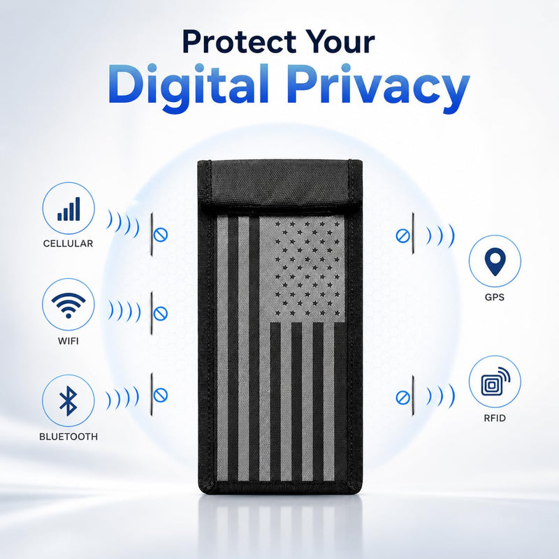 ALBARQ Premium Faraday Bags for Phones Waterproof Signal EMF Blocking Faraday Pouch RFID Blocking Phone Sleeve Cell Phone Privacy Bag with Double Fold Magnetic Closure Black Gray American Flag Design