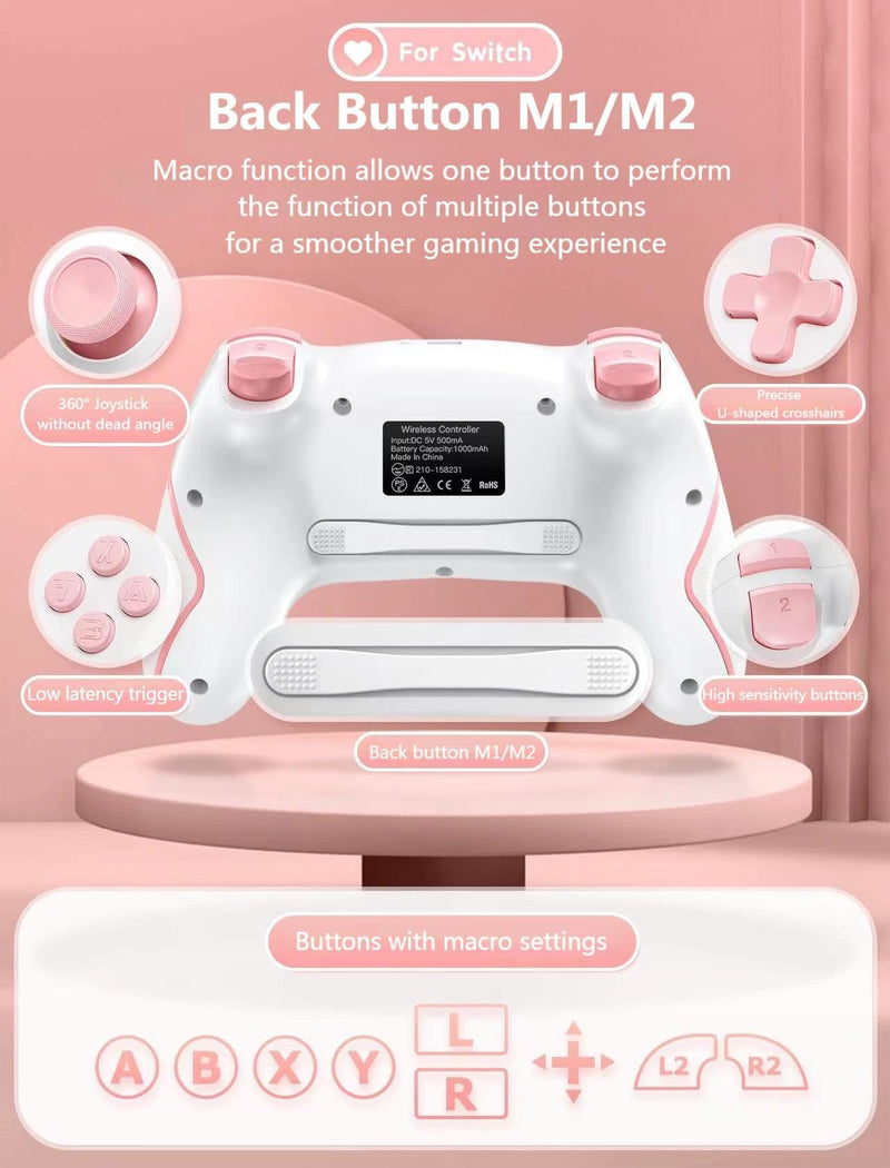 Matbip Switch pro controller, Wireless Pro Controller for Switch/Switch Lite/Switch OLED, switch controller with 2 back buttons, 3-level TURBO adjustable (Pink) Pink