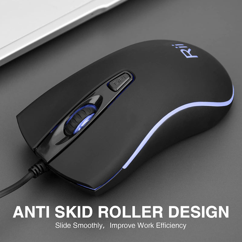Wired Mouse,Rii Computer Mouse with Blue Backlit,USB Mouse with 1600 DPI Levels,Comfortable Grip Ergonomic Optical ,USB Wired Mice Support Windows PC, Laptop,Desktop,Notebook,Chromebook (2PACK) 2PACK