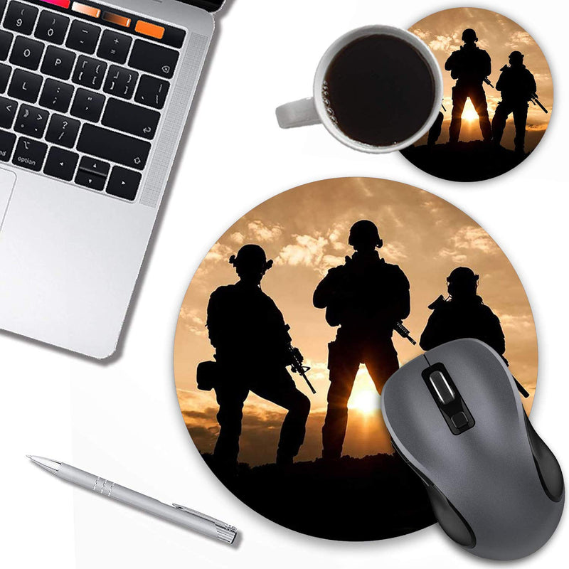 Round Mouse Pad with Coasters Set, American Army Troops Military Design Mouse Pad, Non-Slip Rubber Base Mouse Pads for Laptop and Computer Office Accessories