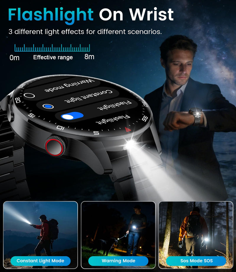 Smart Watch for Men(Answer/Make Calls), 1,7'' HD Large Screen Men's Smartwatch with 800mAh Batterry/Flashlight/Heart Rate/Sleep Monitor/100+ Sport Modes, IP68 Waterproof Fitness Watch Silver Black