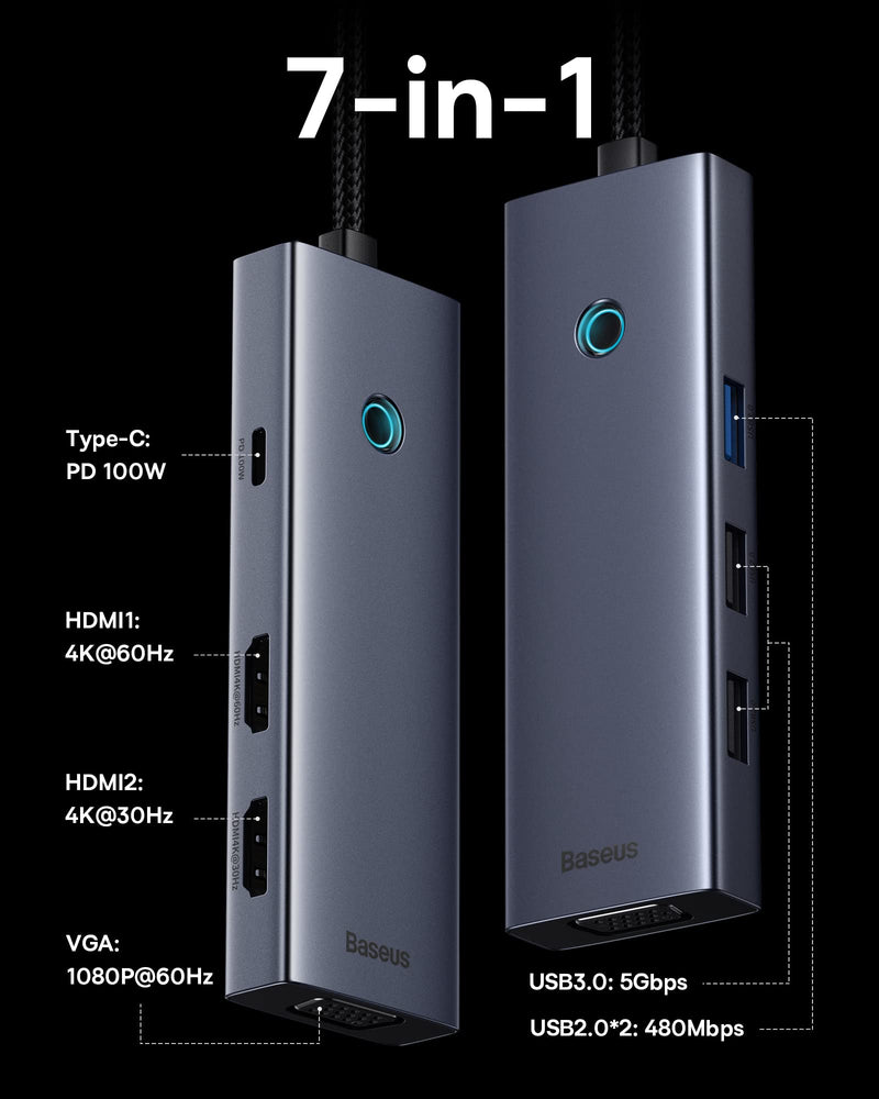 Docking Station Dual Monitor, Baseus 7 in 1 USB C Docking Station 3 Monitors, USB C HUB with 4K HDMI, 100W PD, 3 USB for iPhone 15/MacBook/Dell/HP