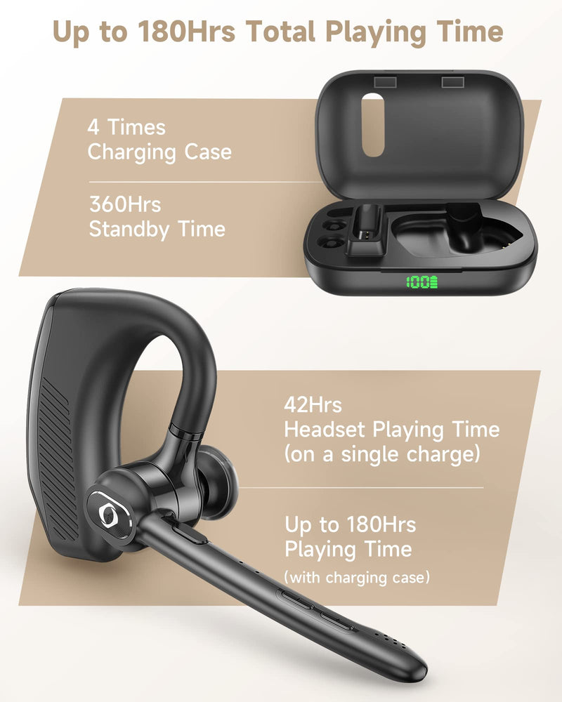 Bluetooth Headset Wireless Earpiece iPhone Android Wireless Charging Case Microphone Earpiece Handsfree Single Ear Headset LED Digital Display Phones Computer Work 180H Playtime 1000mAh Drivers