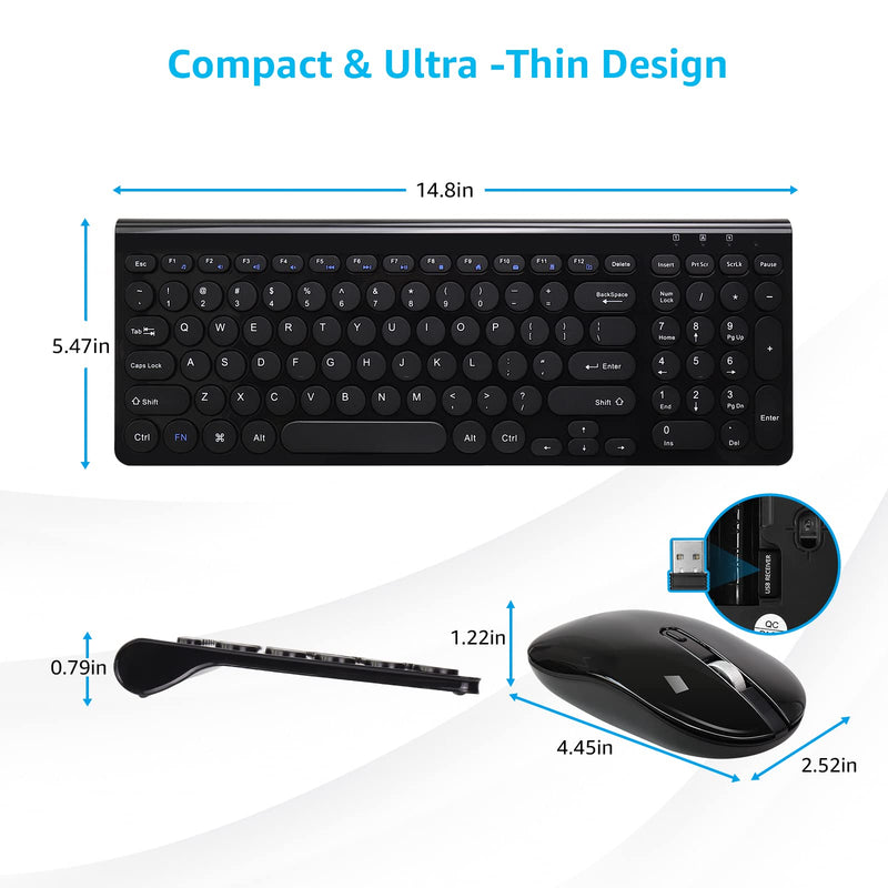 LeadsaiL Wireless Keyboard and Mouse Combo, 2.4G Cordless Mouse and Keyboard Set with Numeric Keypad, Ultra-Slim, Compact, Quiet, for Windows, Mac, Computer, Desktop, PC, Notebook, Laptop Black-Retro Key Cap