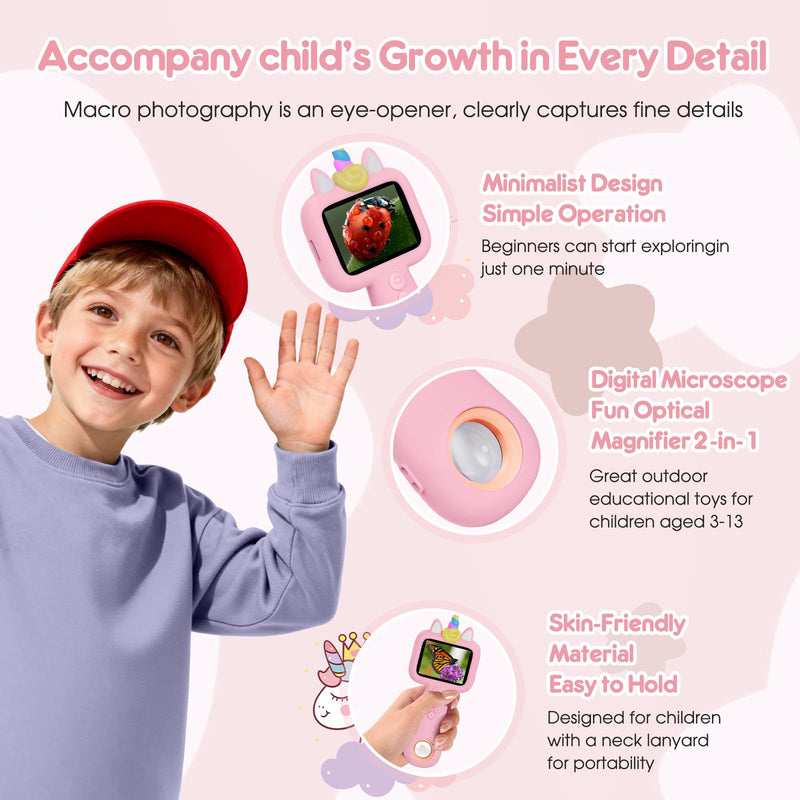 Magnifying, 2.4" Microscope for Kids, 600X-4800X Handheld Digital Miniscope, Portable Pocket Magnification Microscope Photo & Video | Education Toys for Age 3 4 5 6 7 8 9 10 Girls Boys Pink