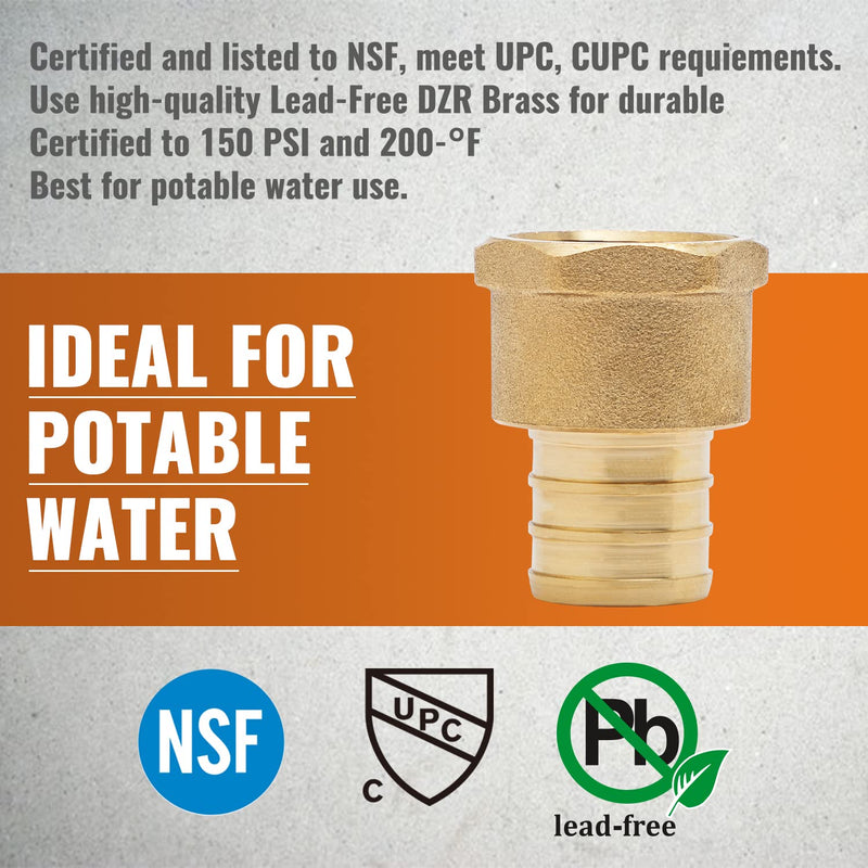 SUNGATOR 6-Pack PEX 3/4" x 1/2" NPT Female Threaded Adapter Crimp Fitting, No Lead Brass 3/4" x 1/2 ", 6 Pack