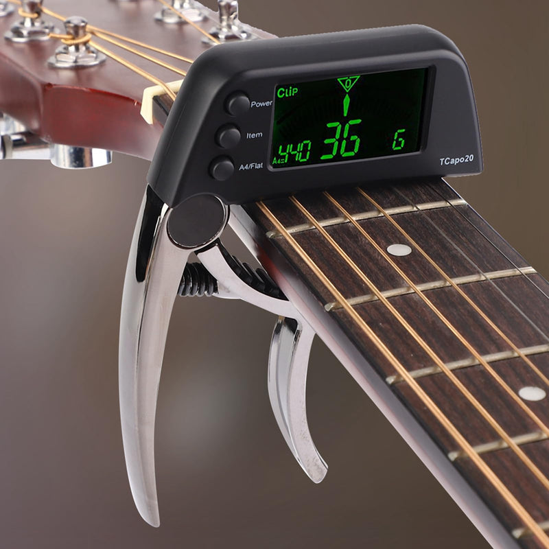 Guitar Capo Tuner, 2 in 1 Clip On Capo with Digital Tuner for Guitar and Bass Zinc Alloy Built in Tuner Chromatic Tuner with LCD Display (Plating bronze) Plating bronze