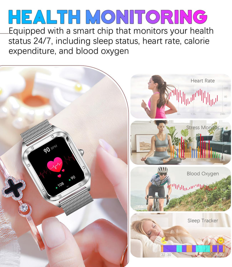 Smart Watch for Women, 1.59'' Full Touch Women's Smartwatch with Female Health Tracking, Fitness Tracker Heart Rate Monitor, Waterproof Sports Smartwatch for Android iOS (Silver Mesh RT-i98)