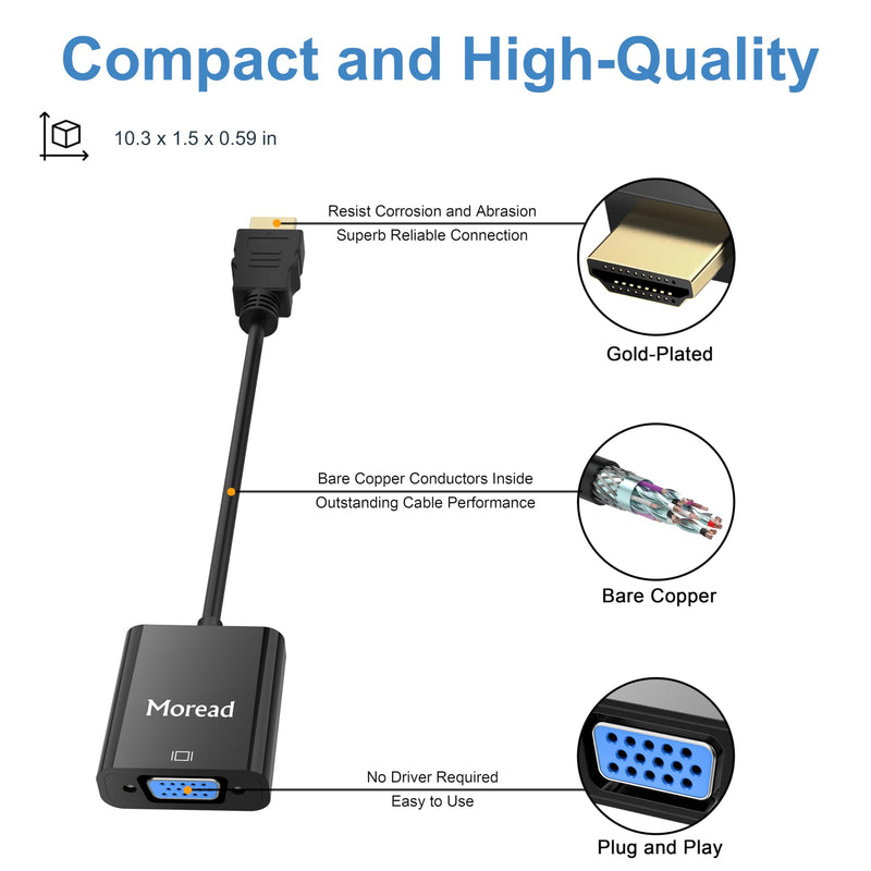 Moread HDMI to VGA Adapter, 10 Pack, Male to Female, Black | One-way from HDMI source (computer, desktop, laptop) to VGA display (monitor, projector, TV); not a VGA to HDMI adapter