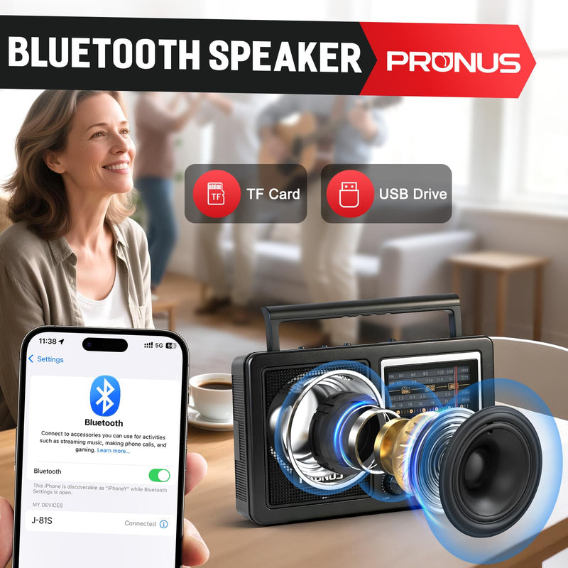 [AUSTRALIA] - PRUNUS J-81 AM FM Radio Portable Bluetooth, Solar/D Battery Operated/USB-C Rechargeable for Emergency, Transistor Radios with Headphone Jack,Support TF Card/USB Playing, Large Knob Easy to Use 