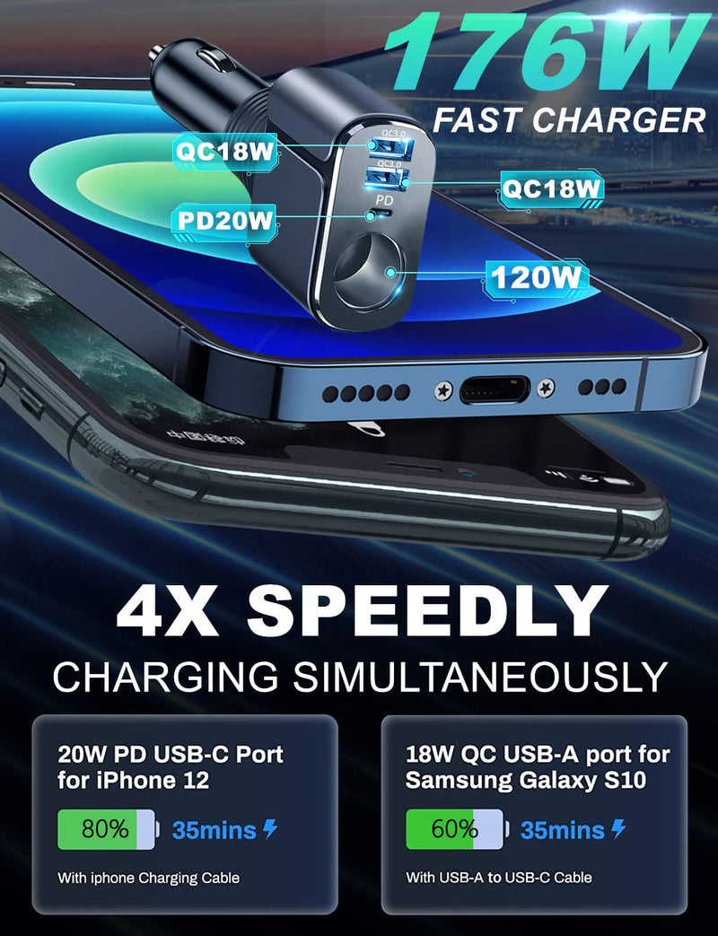 IDOLCO 176W [PD3.0& DualQC3.0] USB C Car Charger & 4 in 1 36W Car Charger Multi USB Cigarette Lighter Adapter