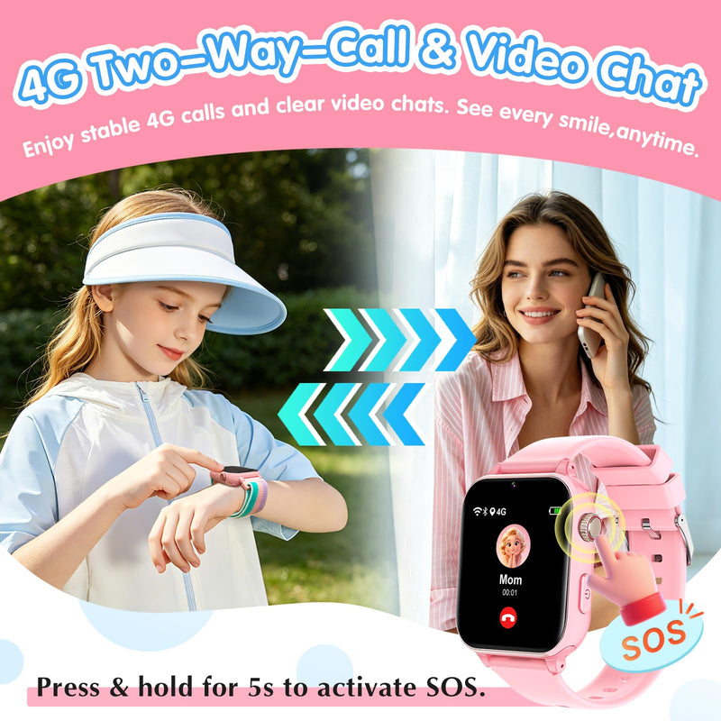Kids Smart Watch 4G with GPS Tracker for Boys Girls, Smartwatch for Kids Vioce Video Call SOS for Children 4-12 Bithday Gift Pink