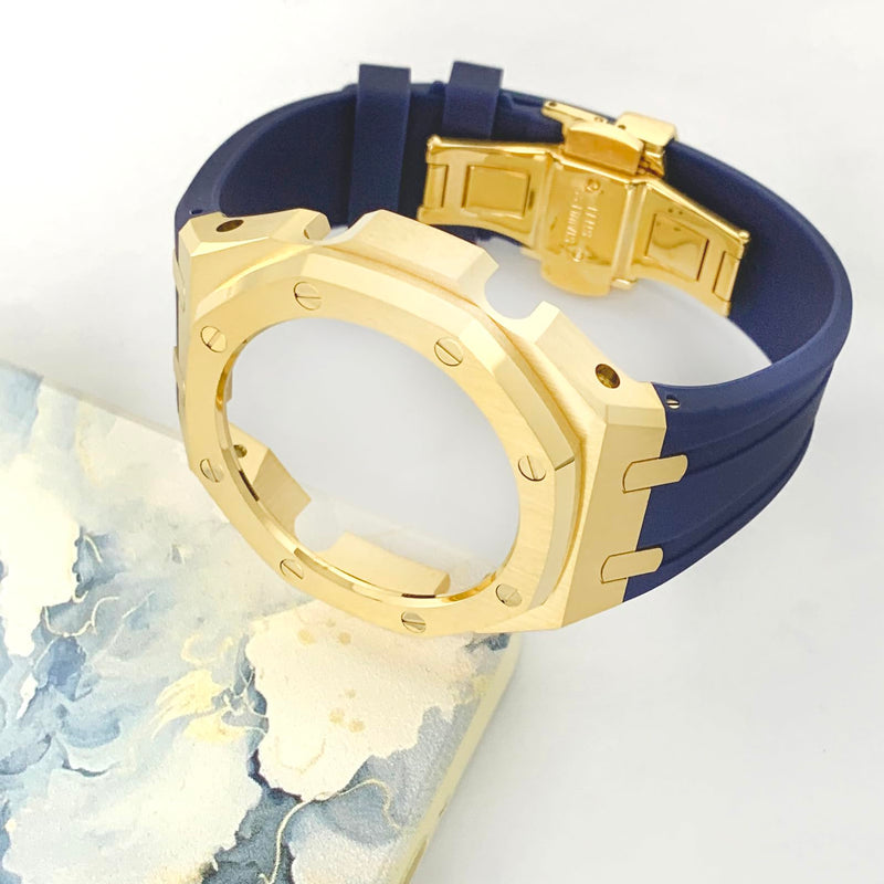 Ga2100 Watch Modify Case Band Mod Kit,Gold Plated Stainless Steel Bezel Case Silicone Strap Band Compatible With Casio G shock Ga2100 Ga2110 GAB2100 Gold Case blue Strap yuanding fba