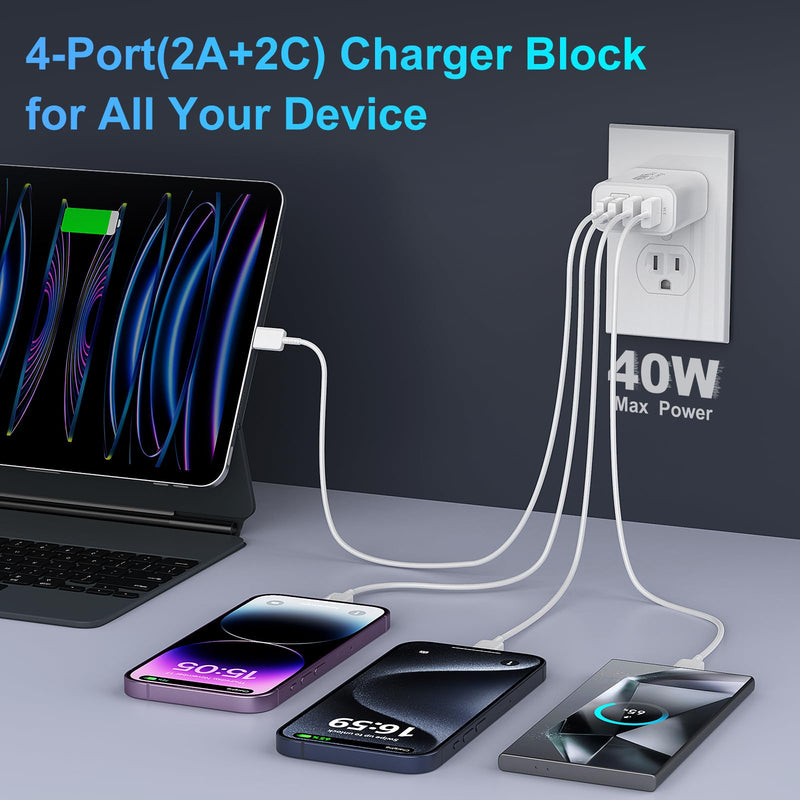 40W USB C Wall Charger Block,4 Port Type C Charger Fast Charging Brick Dual Pd & QC Fast Charger Cube Wall Plug Power Adapter for iPhone 15/14/13/12/11/Pro Max/XS/XR,iPad,Samsung,Pixel,2Pack White