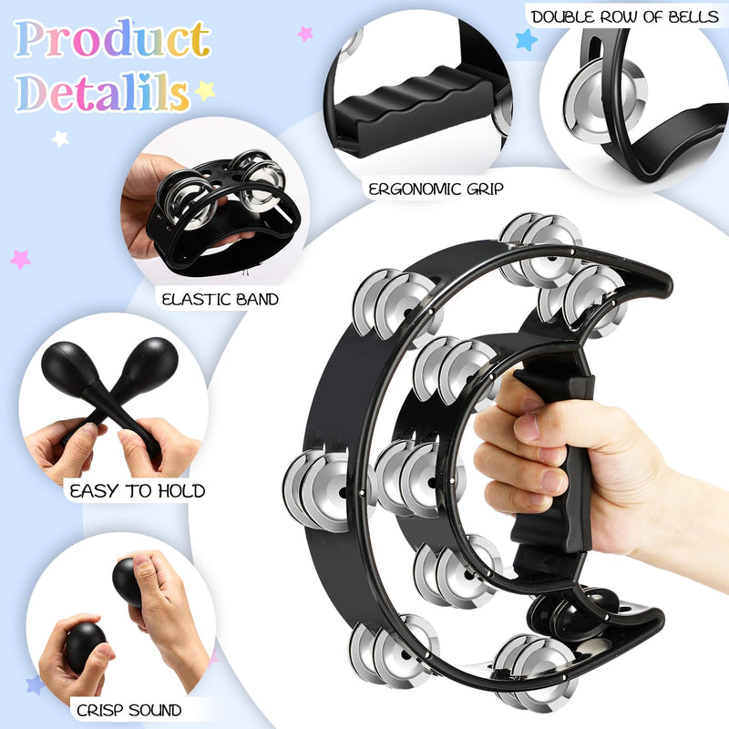 7 Pcs Tambourines for Adults, Metal Jingles Hand Held Percussion Half Moon Tambourine Foot Tambourine Sand Hammer Egg Shakers for Church KTV School Party Music Supplies