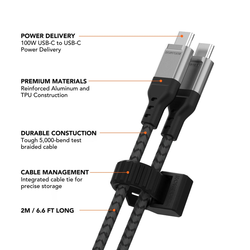 Rokform PowerTrip 100W USB-C Charging Cable, 2m (6.6 ft) | Braided Cable, Integrated Cable Tie, 5,000 Bend Tested, Reinforced Aluminum, Kevlar and TPU 6.6ft