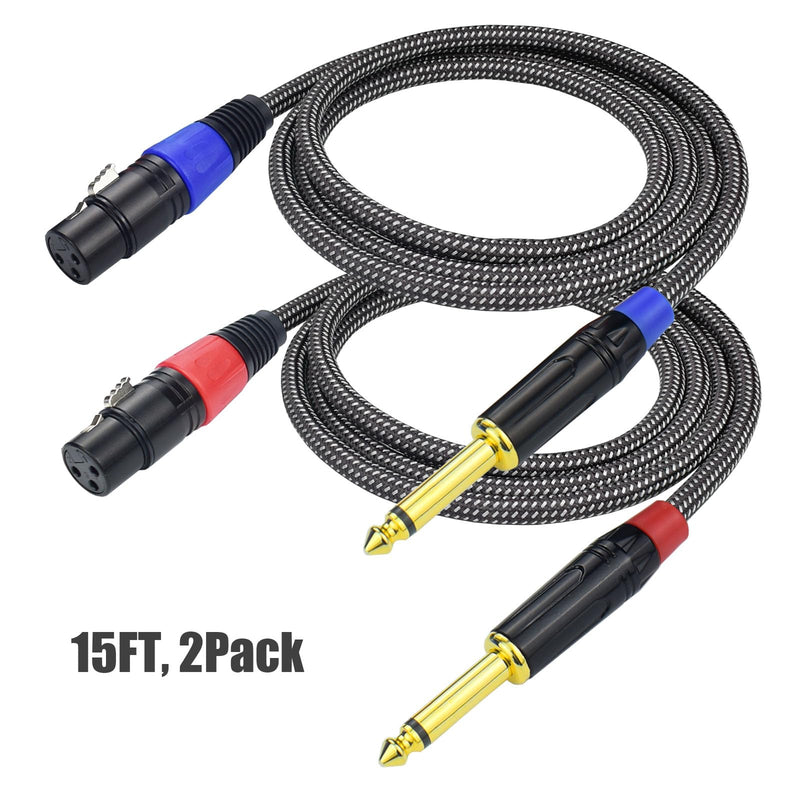 Unbalanced 1/4" TS Mono to XLR Female Microphone Cable, 15Feet 6.35mm Quarter inch to XLR Audio Patch Cord, Nylon Braided Heavy Duty, Copper Shielded Noise Free, for Speaker Mixer Interface 15Feet, 2Pack