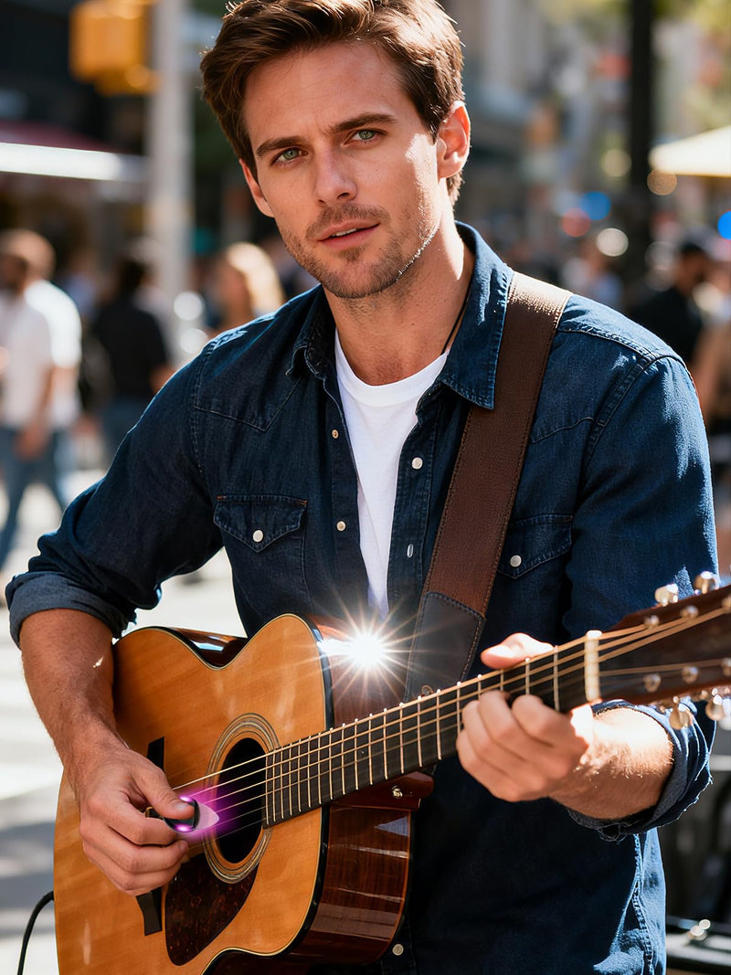 Guitar Gifts Glow in The Dark LED Pick, 0.6mm Automatically Lights Up with Replaceable Battery for Electric Acoustic Bass, Musical Present for Men Women Musicians (2-Pack, Green & Purple) Green+purple