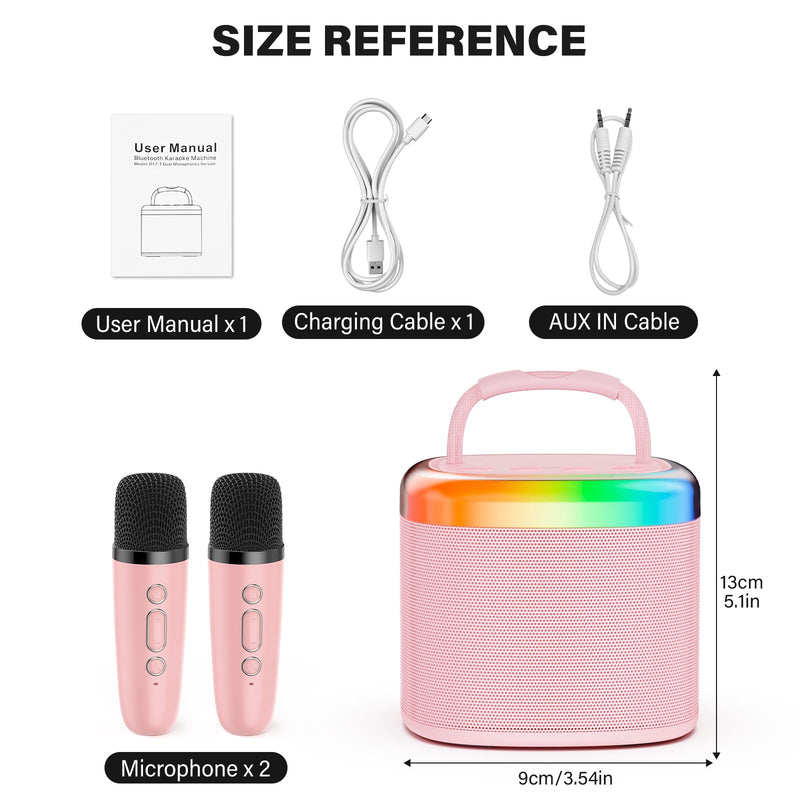 JYX Mini Karaoke Machine for Kids, Portable Bluetooth Karaoke Speaker Unpowered Cabinets with 1 Wireless Microphones and Party Lights and Adults, Birthday Gifts for Girls Boys Family Home Party(Pink) Pink-2Mic