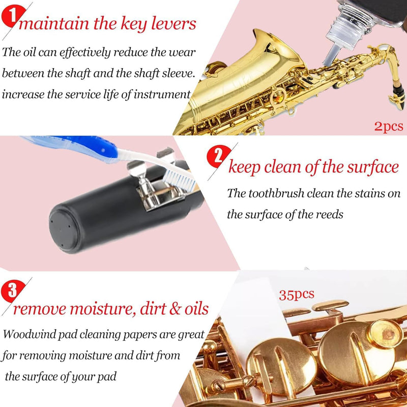 Clarinet Cleaning Kit, Saxophone Cleaning Kit,Clarinet Accessories,Mouthpiece Brush,Dust Brush,Cleaning Cloth,Clarinet Reeds Swabs,Finger Rest,Cork Grease,Pads Absorbent Cloth,Cleaning Care Kit