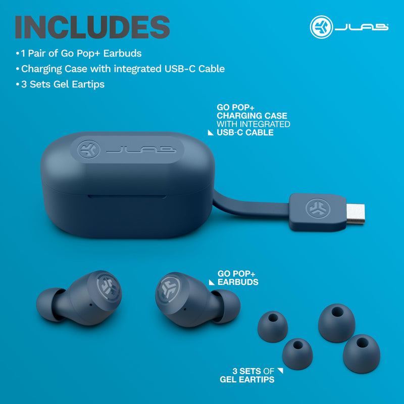 JLab Go Air Pop+ True Wireless Bluetooth Earbuds in Navy Blue Plus Cloud Foam Mnemonic Earbud Tips