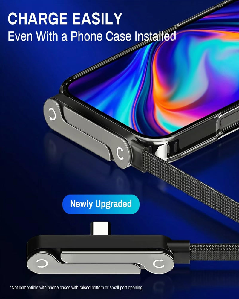 240W USB C to USB C Ultra Fast Charging Cable with Invisible Stand Flat Phone Charger 90 Degree Right Angle Plug T Shaped Foldable Stand Multi Functional Cord Black 4.9 Ft(2 Pack 2
