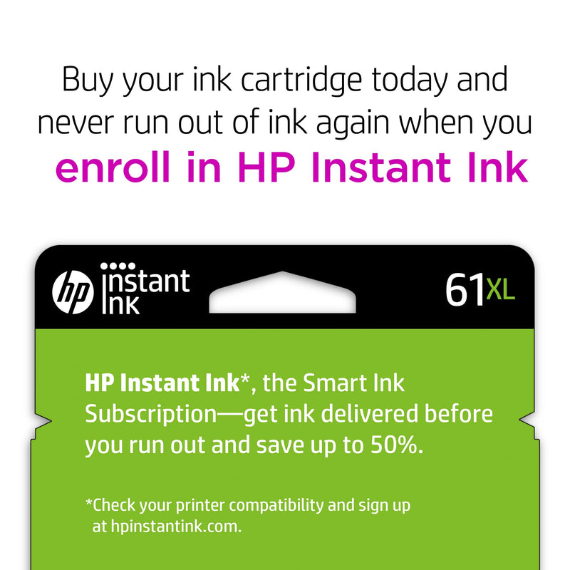 HP 61XL Black High-yield Ink | Works with DeskJet 1000, 1010, 1050, 1510, 2050, 2510, 2540, 3000, 3050, 3510; ENVY 4500, 5530; OfficeJet 2620, 4630 Series | Eligible for Instant Ink | CH563WN