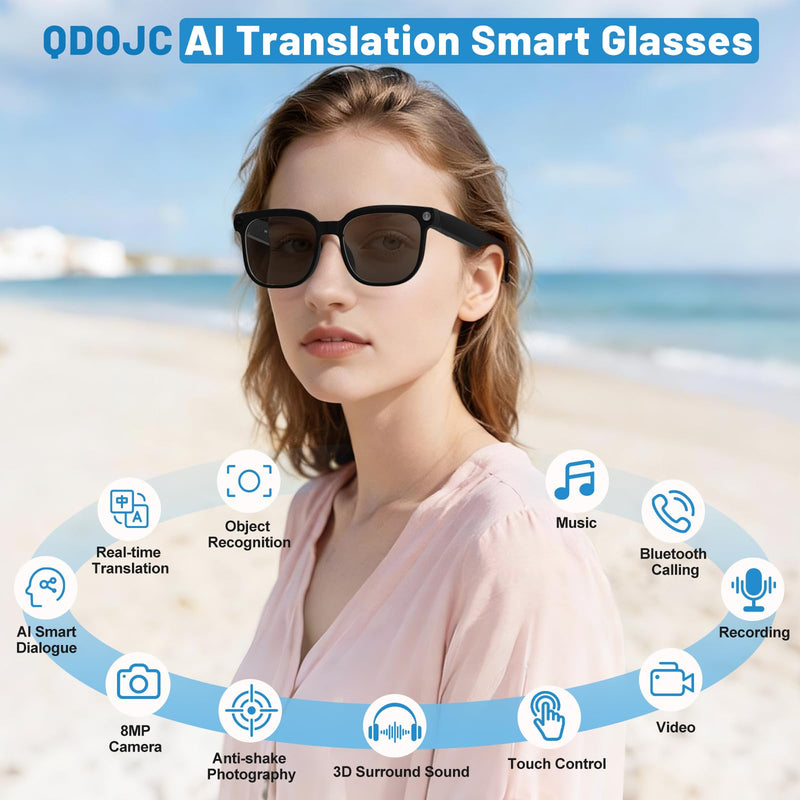 AI Glasses with Camera and Transition Lenses - Support 140+ Languages Translation, 1080P Hands-Free Video Recording Vlogging IP65 Waterproof Smart Glasses with Camera for Men and Women Brown