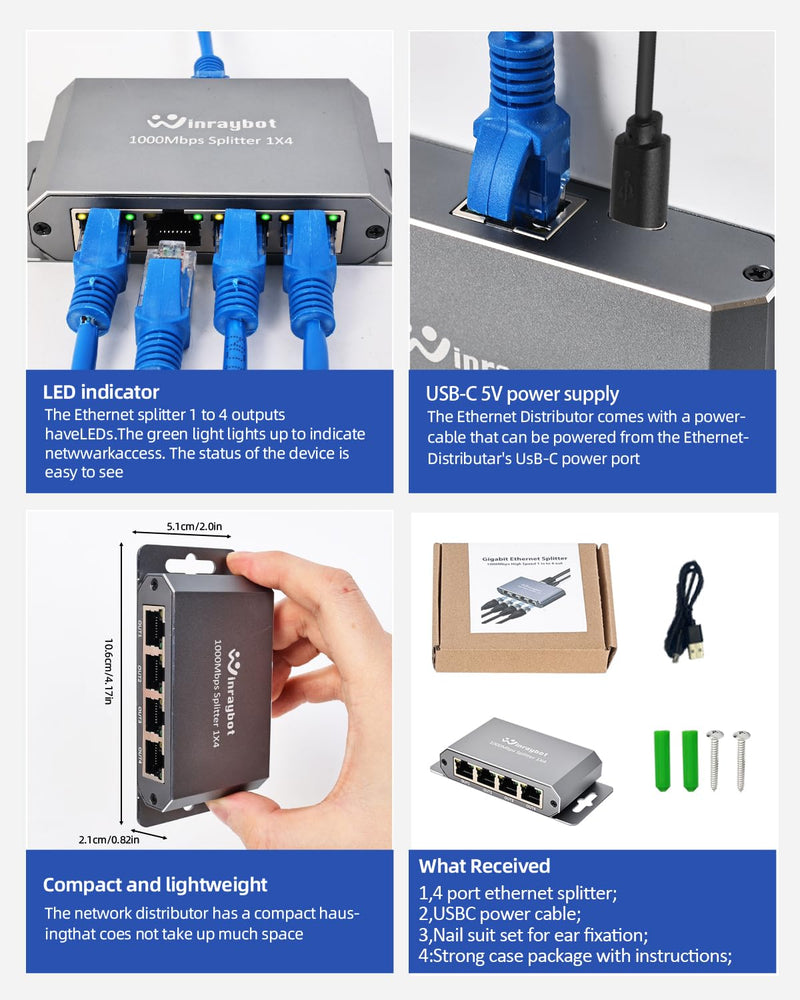 Gigabit Ethernet Splitter 4 Port & 2 Port with Wall Mount Ears for Home Office PS5 Router Smart TV Plug & Play 1000Mbps Powered Network Switch 1 to 4 Ethernet Hub 1 to 2