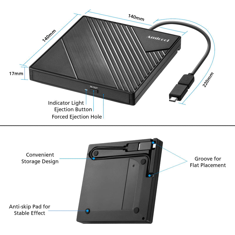 Amicool External DVD Drive USB 3.0 USB C CD Burner CD/DVD +/-RW Optical Drive, Slim Portable DVD Player CD ROM Rewriter Writer Reader for Laptop Desktop PC Windows 11/10/8/7 MacBook Mac Linux OS Apple Standard