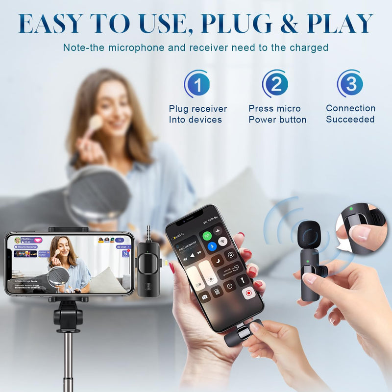 [AUSTRALIA] - 3 in 1 Wireless Lavalier Microphone for iPhone, iPad, Android, Camera,12-Hour Battery, mini Noise Reduction Recording Mic 2.4G Ultra-Low Delay, Microphone for Vlog/ TikTok/YouTube Live Stream( 3 Mic) 3MIC 