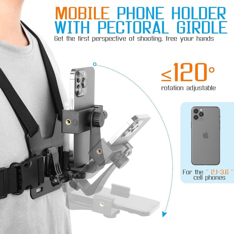 Mobile Phone Chest Mount Harness Strap Cell Phone Holder Mount for Video Recording Bike/Kayak/Fishing/Skateboard POV/VLOG for iPhone/Samsung for GoPro Hero 11 10 9 8/Insta360/DJI Action Camera, Black