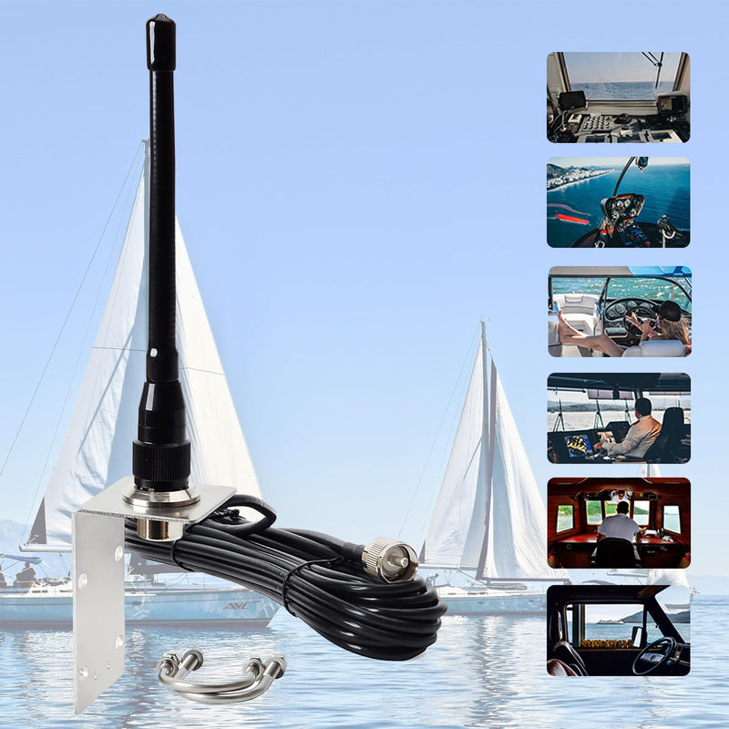 TWAYRDIO Marine VHF Antenna 6.5" Low Profile w/16.4ft Coax Cable for Boat | Stubby Marine Radio Antenna, 156-163MHz, 16.4cm, PL259 Connector, w/5m RG58 Coaxial Cable, L-Shape Mounting Bracket, U-bolts