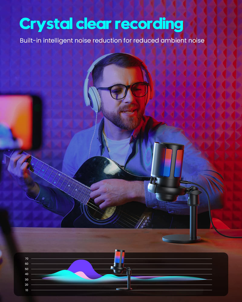 Gaming Microphone, USB PC Mic for Podcasts Videos, Streaming, Condenser Mic with Quick Mute, Tripod Stand, Pop Filter, RGB Indicator, Shock Mount, Rotate gain button, Compatible with PS4/5/PC With Stand