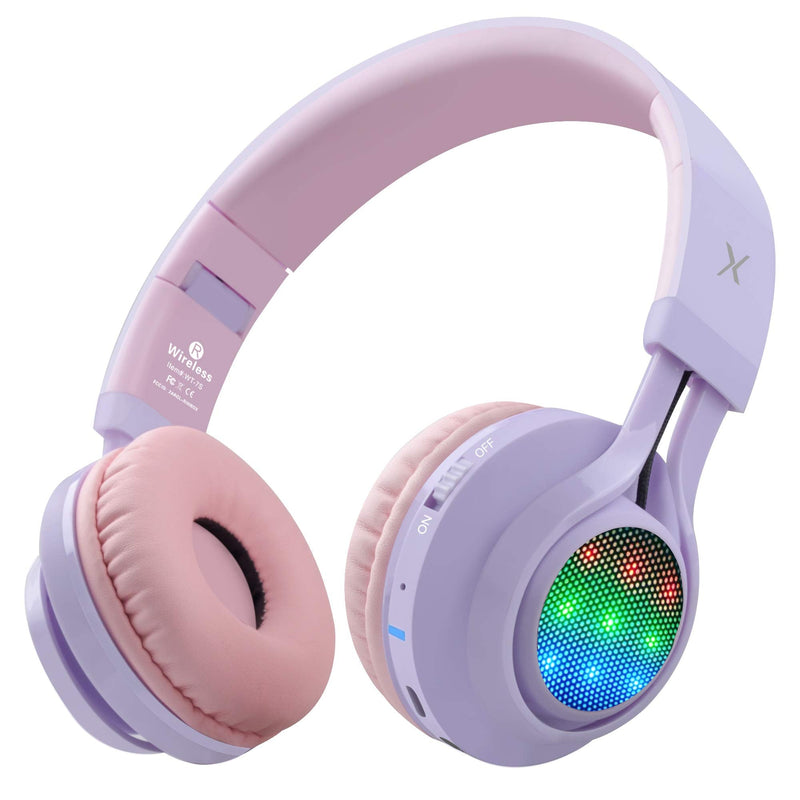[AUSTRALIA] - Riwbox WT-7S Kids Bluetooth Headphones Light Up, Foldable Stero Wireless Headset,with Microphone and Volume Control,Comfortable and Durable,for PC/Tablet/TV/Travel(Purple) Purple Adjustable to fit the head shape Minimalist 