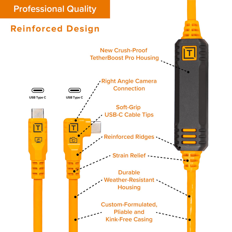 Tether Tools TetherPro Optima 10G USB-C Exclusive Data Transfer Cable | Straight to Right Angle Cable | TetherBoost Signal Technology | Immediate Camera Recognition 6' (1.8m) Orange