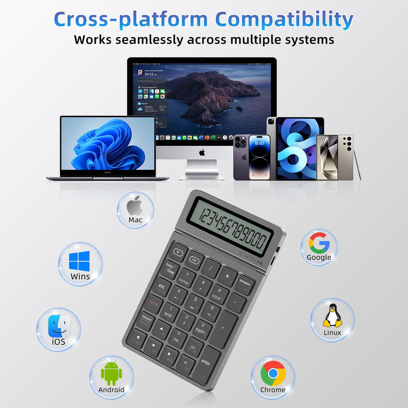 2-in-1 Wireless Bluetooth Number Pad, Bluetooth 5.0 & 2.4G Numeric Keypad with Calculator & Adjustable Screen, USB C Rechargeable Numpad for Laptop, Mac, iMac, Windows,Tablet, PC Desktop - 33ft Range