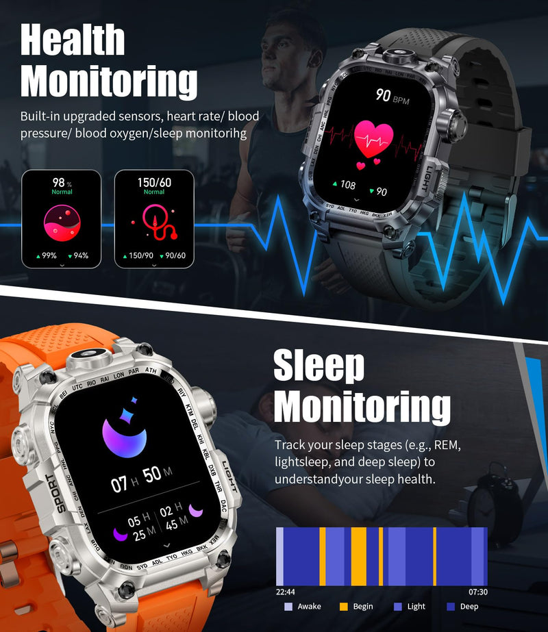 Men's Military Smart Watch (Answer/Make Calls) 2 Inch HD Screen Outdoor Sport Smartwatch with LED Flashlight 700mAh Battery,Heart Rate/Sleep Monitor Fitness,Green (Gray) Gray