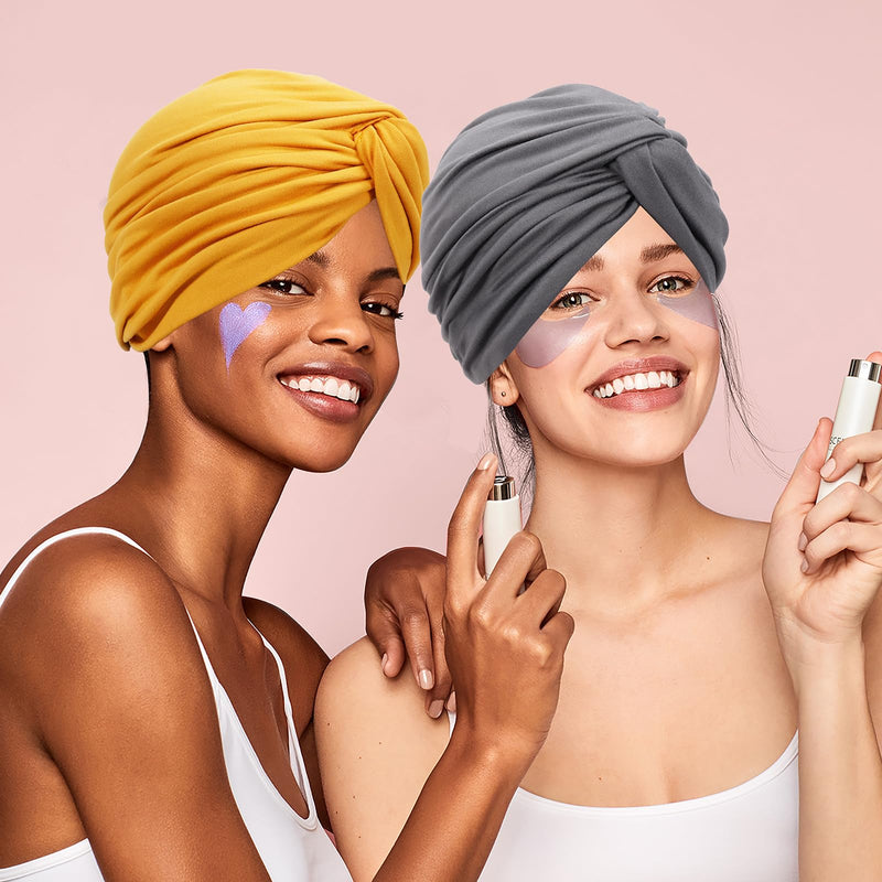 [AUSTRALIA] - XEPST 4 Pieces Turbans for Women, Soft Pre Tied Knot Turban Head Wraps Chemo Headwear Pleated Beanie Cap Sleep Hat One Size Black, Grey, Yellow, Green 