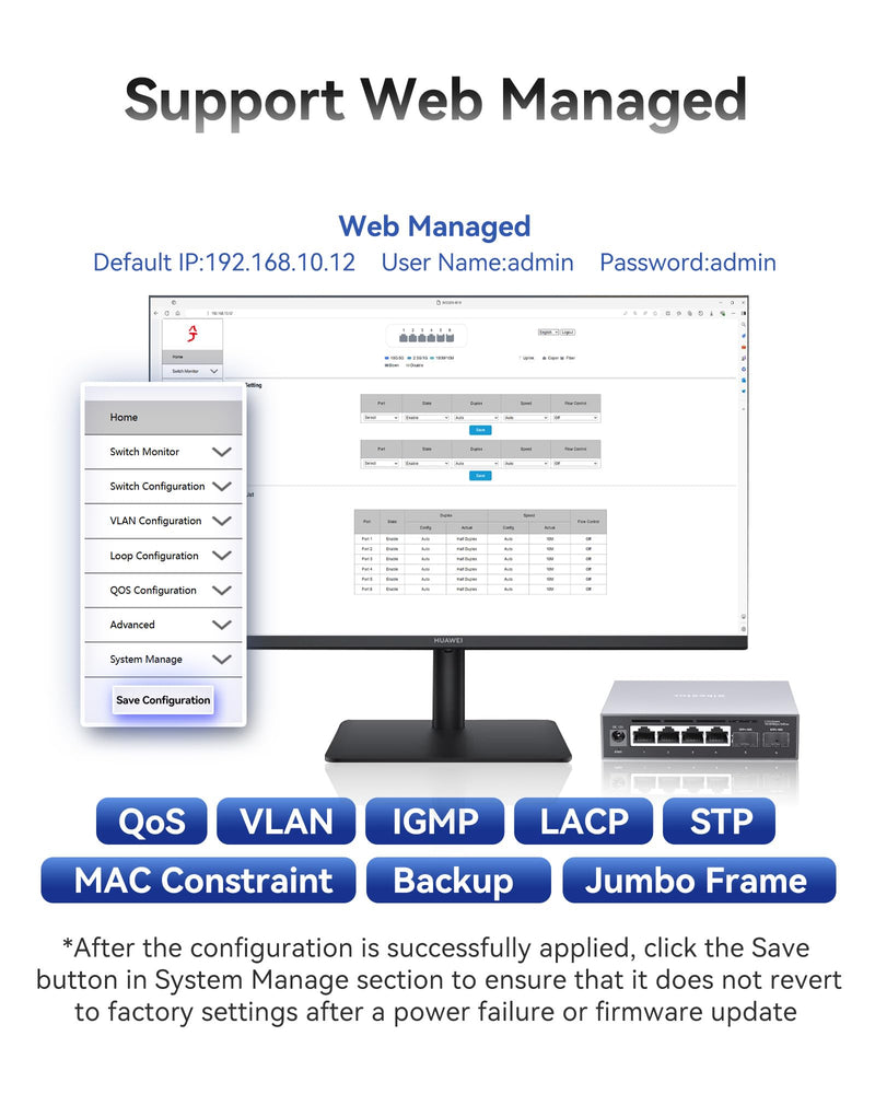6-Port 2.5G Web Managed Ethernet Switch, VLAN/QoS/STP/IGMP/LACP Supported, Fanless Easy Smart 2.5Gb Network Switch, Aluminum Housing, Desktop/Wall-Mount Web管理 | 4×2.5G RJ45+2×10G SFP+